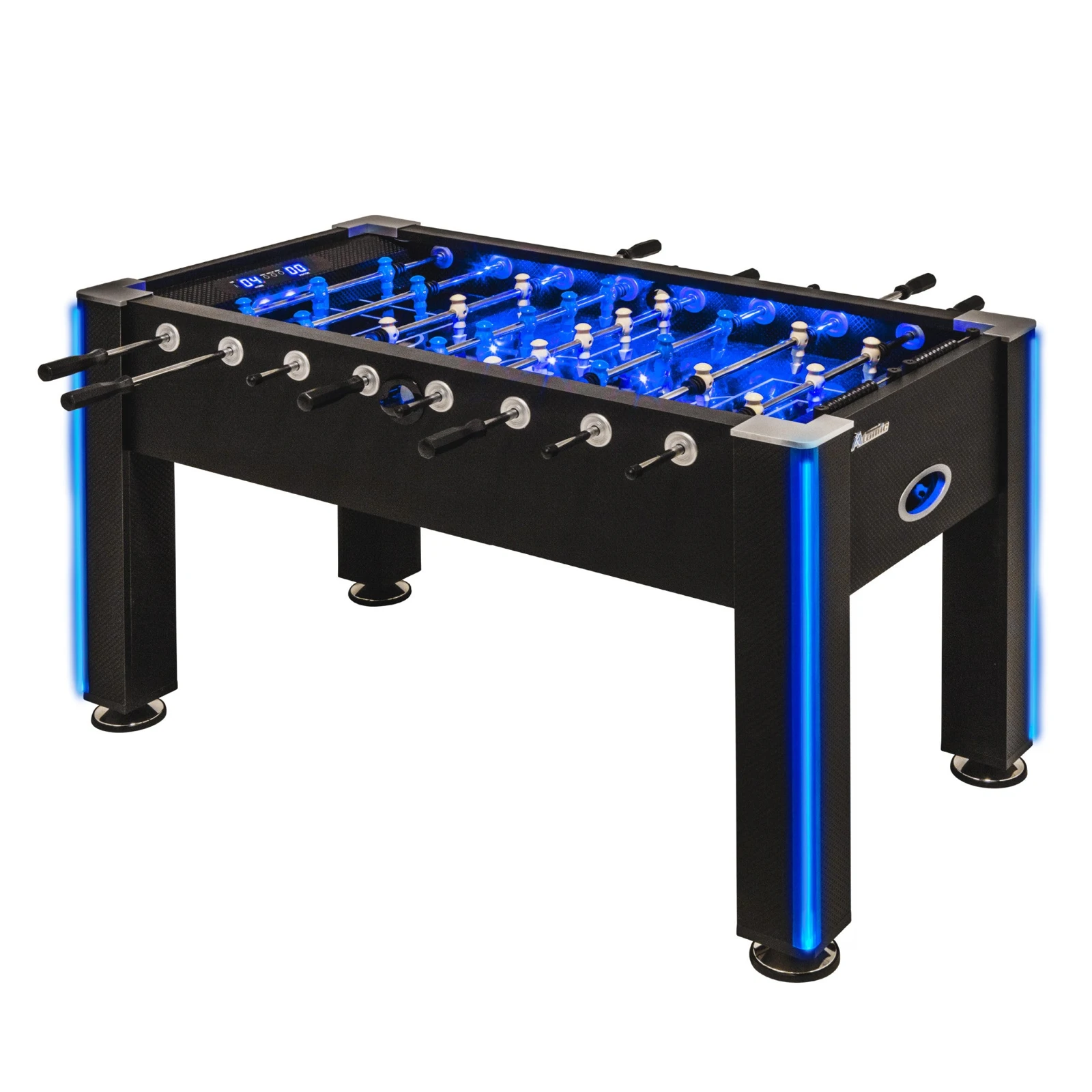 Atomic Azure LED foosball table with blue illuminated rails and legs
