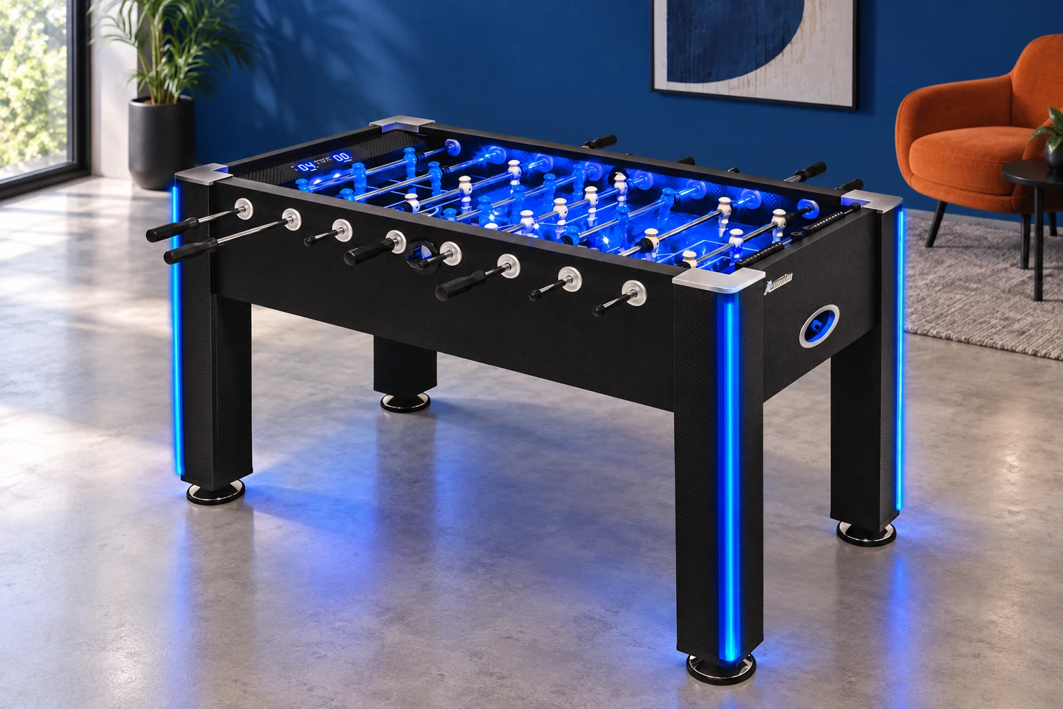Atomic Azure LED foosball table in a blue recreation room