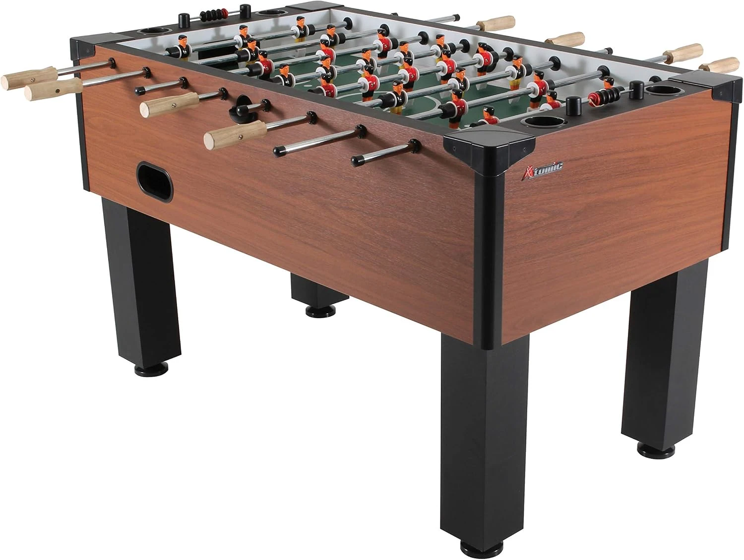 Atomic Gladiator foosball table with wood-look cabinet and green field